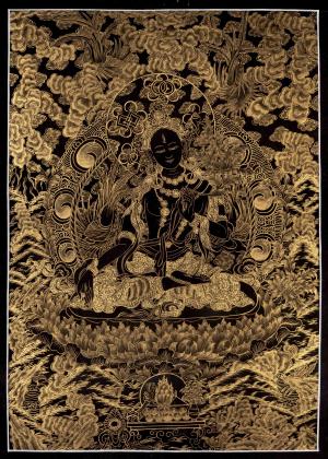 Black and Gold Style White Tara Thangka Painting | Original Hand-Painted Female Bodhisattva Art